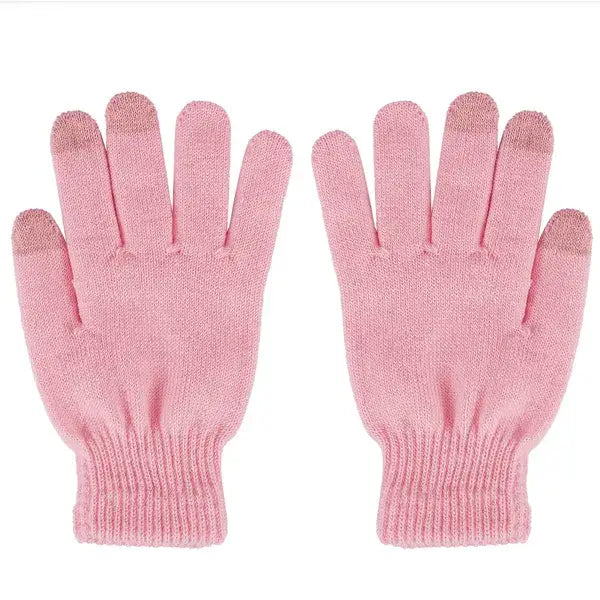 rosa gestrickte Touchscreen-Winterhandschuhe mit geripptem Bündchen und glatten, flexiblen Fingerspitzen, ausgelegt, um die Hände warm und winddicht zu halten.