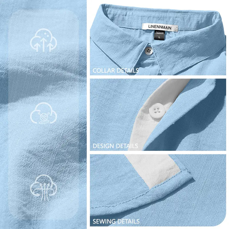 Light blue men’s textured bamboo linen short sleeve button down shirt with a crisp collar and white buttons.