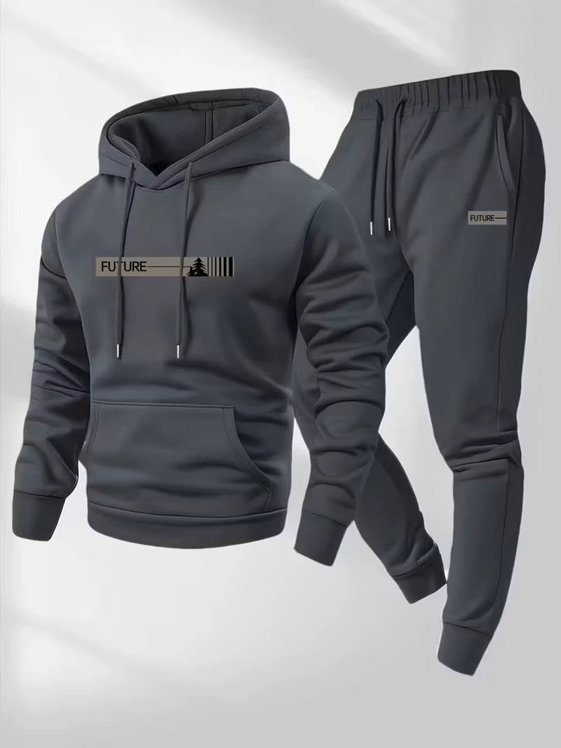dark gray future graphic fleece hoodie and jogger lounge set featuring a tree graphic on the chest made from soft fleece material.