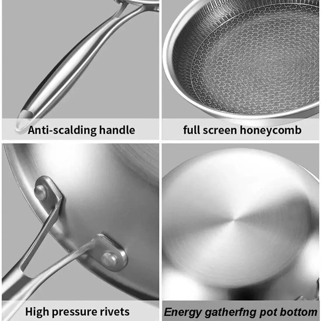 Stainless steel 30cm hex non stick induction frying pan with a sleek reflective surface and an anti-scalding handle.