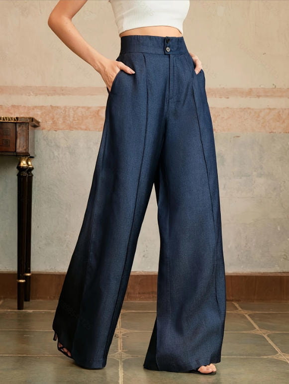 High waisted wide leg trousers in navy blue featuring a button closure and subtle pleats.
