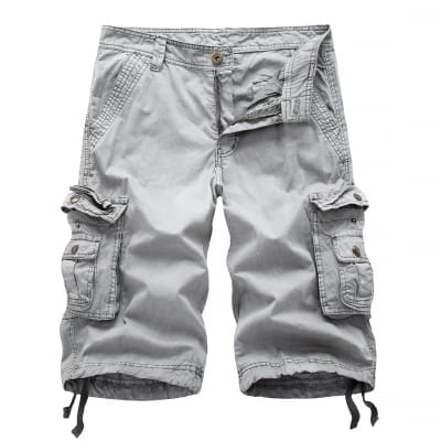 Bermudas cargo en coton gris pour hommes à poches multiples avec poignets à cordon de serrage et plusieurs poches pour un rangement fonctionnel.