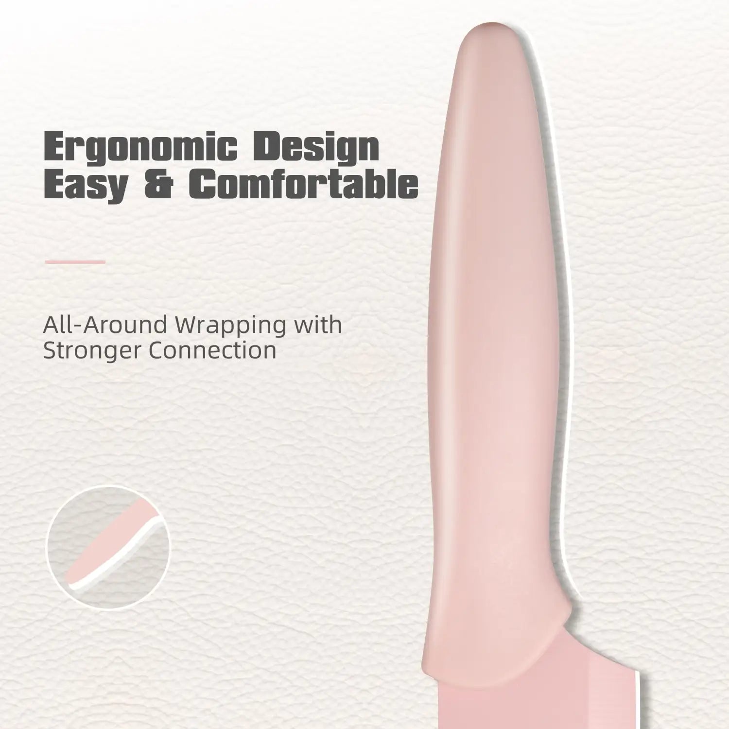 Mango ergonómico de cuchillo rosa con acabado mate liso y envoltura reforzada para un agarre seguro en un set de cuchillos de 14 piezas de acero inoxidable con bloque