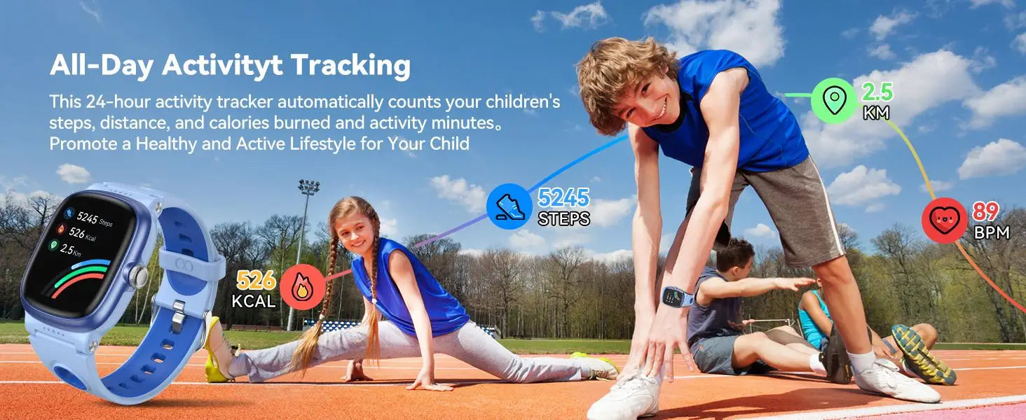 Light blue silicone strap K1 kids waterproof smartwatch with a rectangular digital display showing fitness tracking activity metrics.