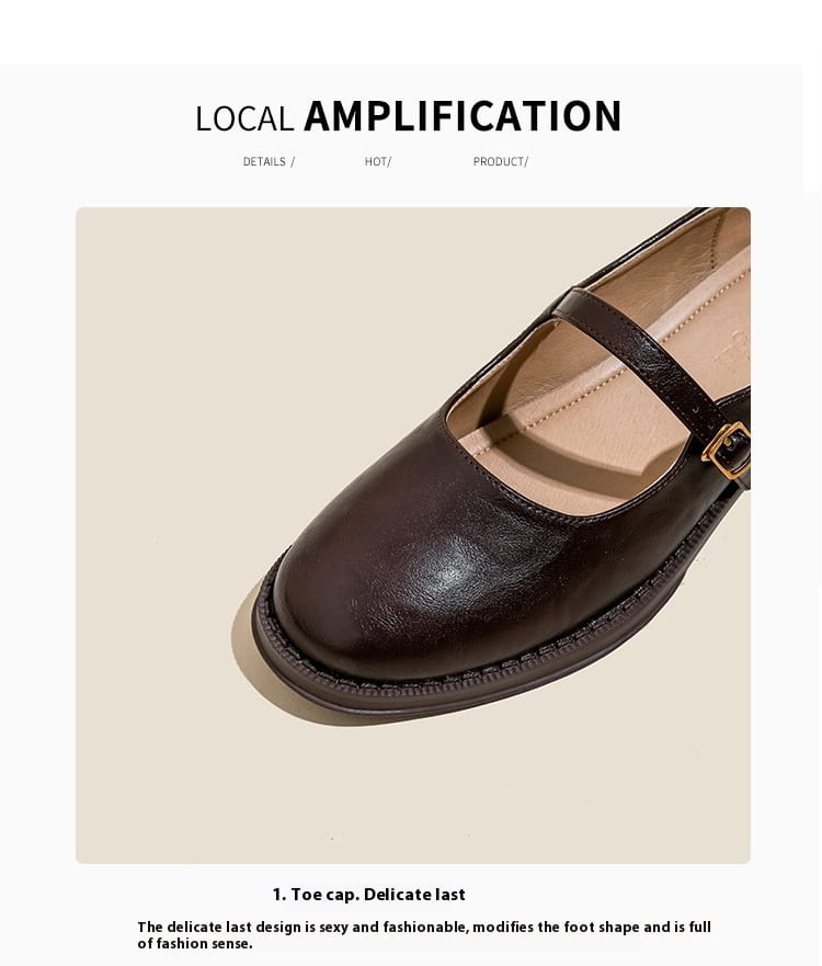 Dark brown leather mary jane shoe with a rounded toe and decorative strap featuring a block heel.