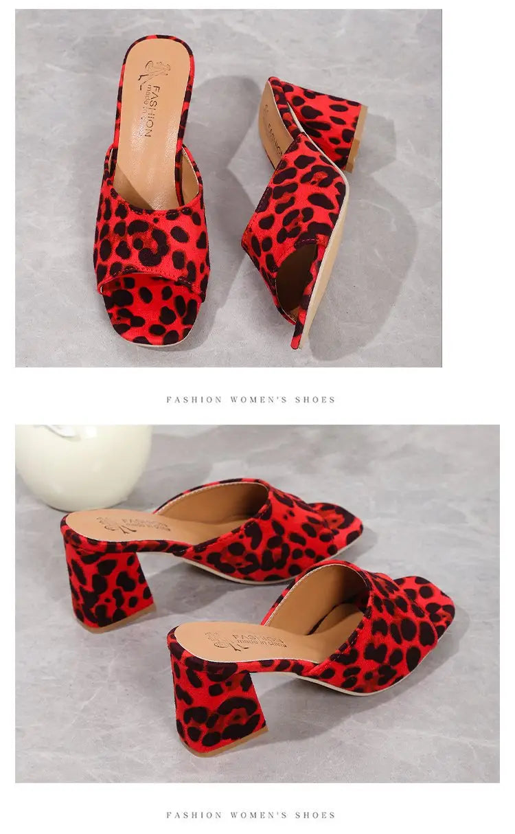 leopard square toe chunky heel mule sandals in red white and tan with leopard print and block heels