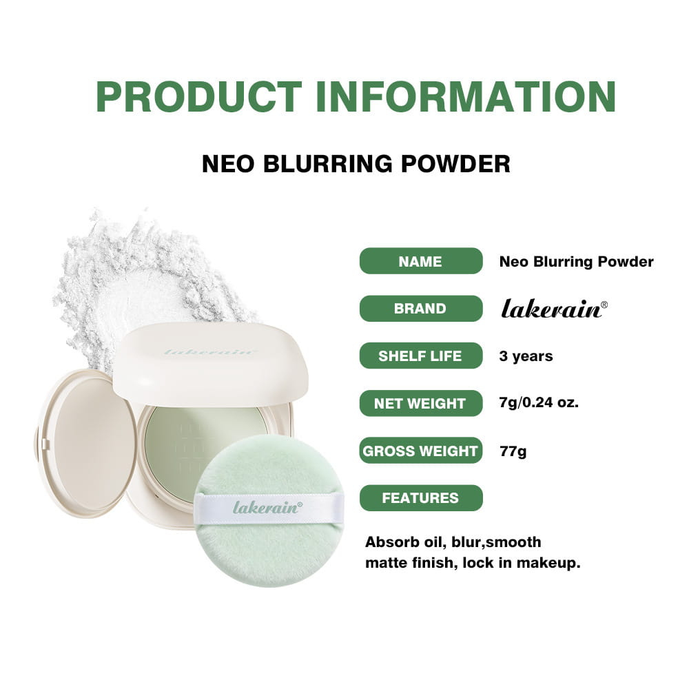 poudre de floutage Lakerain Neo dans un compact blanc cassé épuré, avec une houppe assortie portant le nom de la marque, pour un réglage à effet de flou doux.