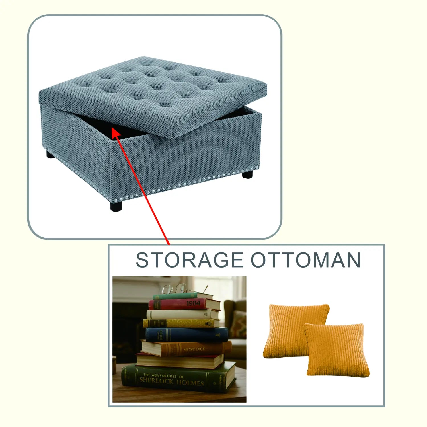 blue tufted fabric storage ottoman with black legs and nailhead trim suitable for additional seating and storage use