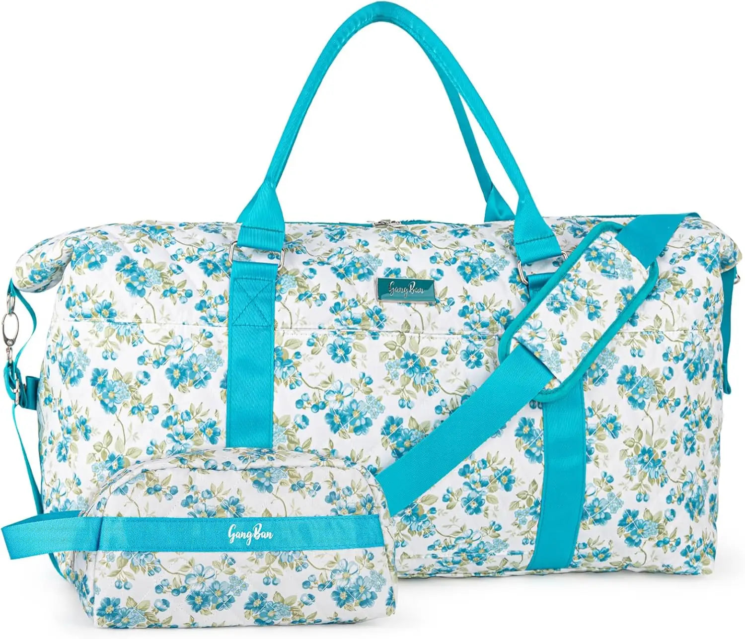 un sac de voyage pour femme à fleurs avec une trousse de toilette dans un tissu vaporeux vert-bleu et blanc à motif floral, comprenant une bandoulière assortie et une conception de type sac duffel.