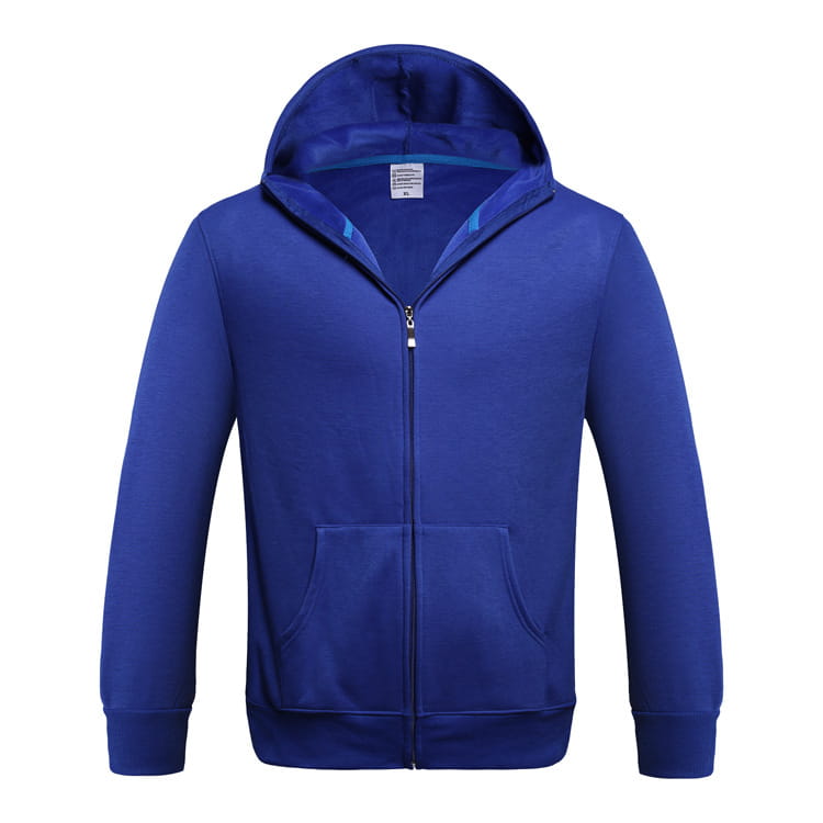 Men’s contrast trim fleece zip hoodie in royal blue featuring a soft fleece material, zip-up front, matching hood, and front pocket.