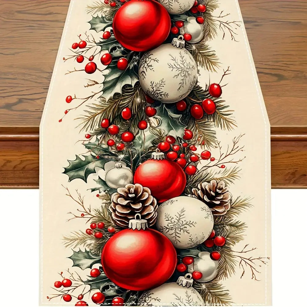 Christmas table runner festive holiday decor 183x33 featuring a pattern of glossy red and matte white ornaments pinecones holly leaves and berries on an off-white background