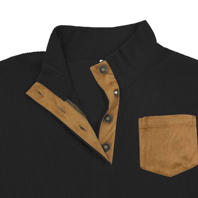 Slim fit corduroy pullover in black with tan fabric accents on the collar placket and chest pocket featuring contrast patchwork design.