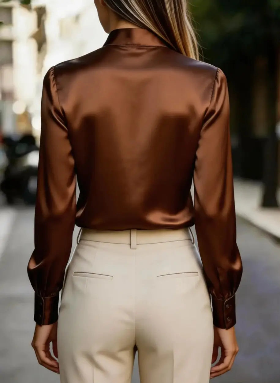 Eine elegante Satinbluse mit braunem Finish, hohem Kragen und langen Ärmeln, ideal für die Bürokleidung.