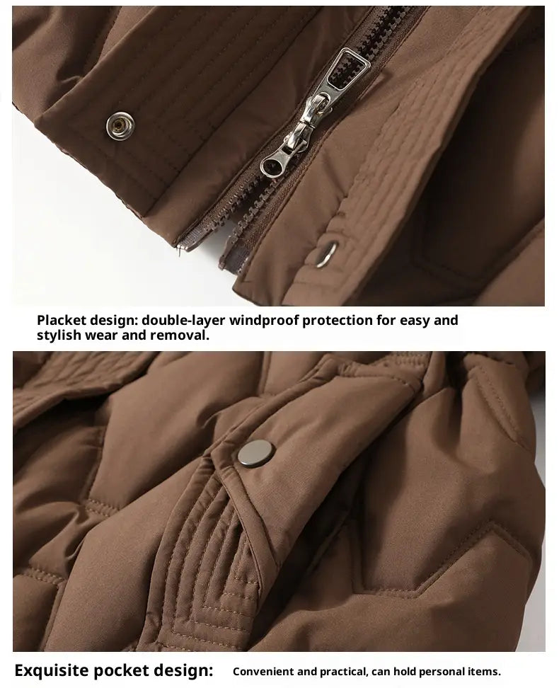 Damen-Winter-Pufferjacke mit mittlerer Länge aus wattierter Steppung in Braun mit silbernem Reißverschluss und Druckknopfdetails, für die Nutzung im Winter entworfen.