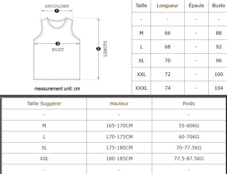 White sleeveless men’s go hard racerback athletic tank top displayed with size and measurement chart in centimeters.