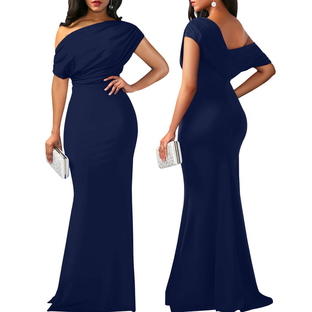 Navy blue off the shoulder mermaid evening gown with a draped fitted bodice and flowing skirt suitable for formal occasions