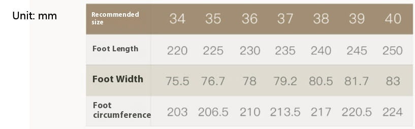 Size chart for leather brogue mary jane shoes for women in brown and black displaying recommended foot length width and circumference measurements in millimeters for sizes 34 to 40.