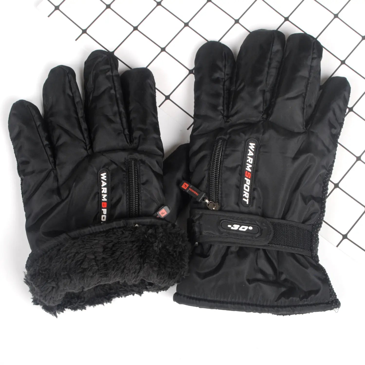 Men’s windproof thermal cycling gloves in black insulated material featuring plush fleece cuffs and zipper pockets with warmsport branding on the wrist strap shown from the back side.