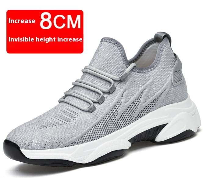 Men’s air cushion running shoes gray mesh sneaker with chunky white and black sole featuring an invisible 8cm height increase.