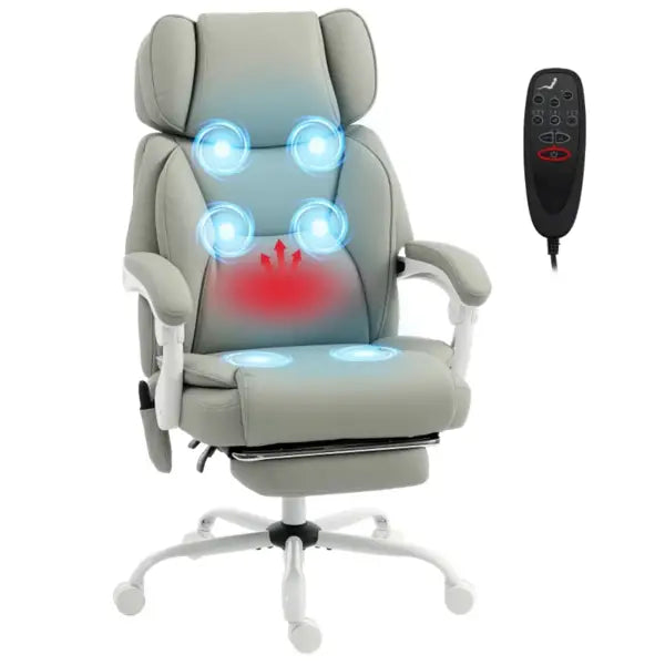 Grauer Leder‑Massage‑Bürostuhl mit integrierter Heizung und blauen, leuchtenden kreisförmigen Massagepolstern an der Rückenlehne sowie einer roten Wärmezone auf dem Sitz mit ausziehbarer Fußstütze.