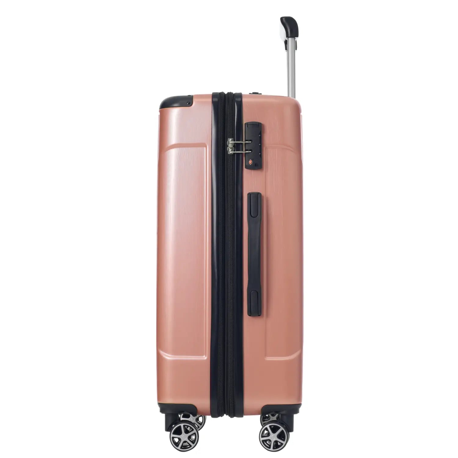 Rose gold 28 inch expandable hardshell spinner suitcase with black trim wheels and handle.