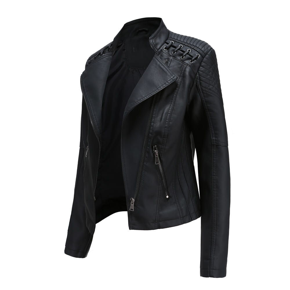Schwarze Faux-Leder-Motorradjacke mit Slim-Fit-Mantel für Damen mit Schnür-Schulterdetails und zippered Taschen.