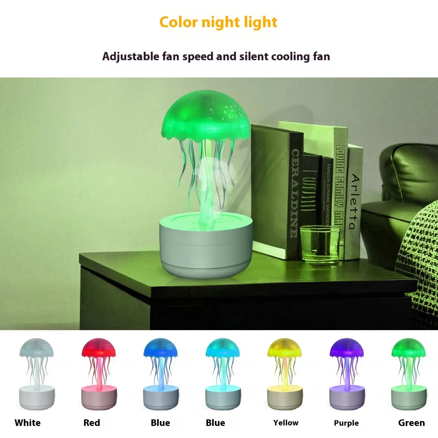A glowing green jellyfish-shaped 7 color LED essential oil diffuser night light with an adjustable silent cooling fan.