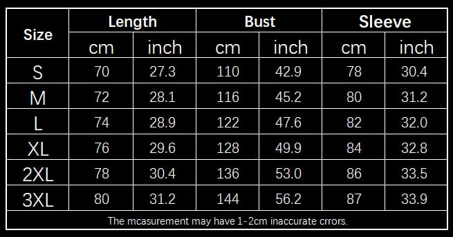 Size chart for a men’s lace up cotton pullover hoodie with kangaroo pocket showing measurements in centimeters and inches for women’s sizes s through 3xl.