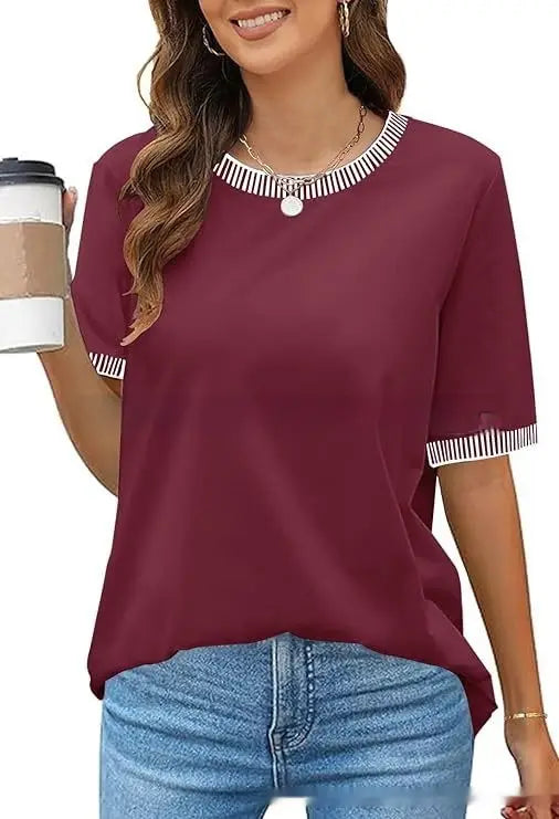 A maroon sheer blouse knit top for women featuring short sleeves with black and white striped ruffle trim around the neckline and sleeve cuffs.