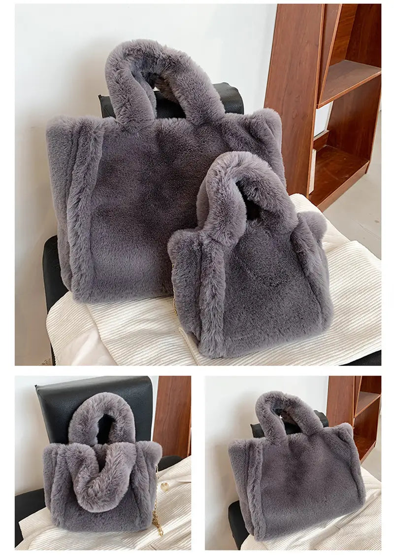 Gray plush faux fur tote bag with soft texture and rounded top handles featuring a chain strap shoulder bag design.