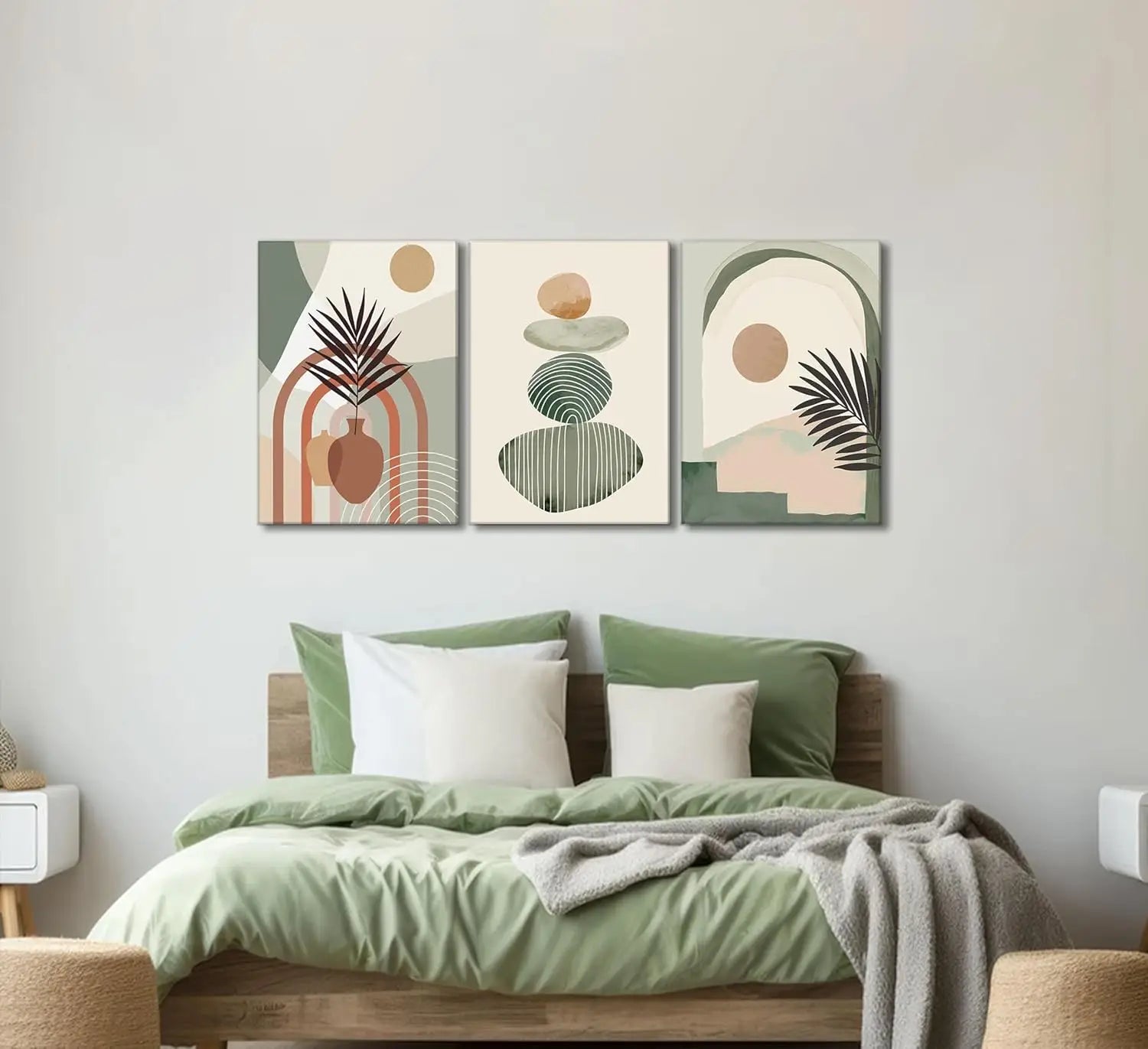boho abstract botanical canvas wall art set of three modern panels featuring geometric shapes, muted earth tones like olive green and terracotta, with stylized palm fronds and stacked stones in a minimalist design.