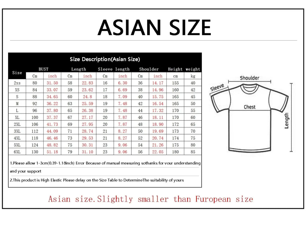 Asian size t-shirt sizing chart with bust length sleeve shoulder height and weight in cm and inch for 3d armor graphic oversized tee