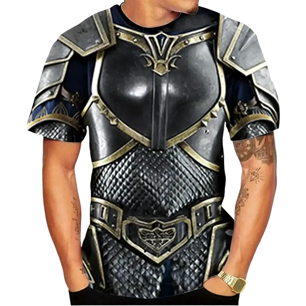 Black and gold fantasy armor graphic oversized tee with detailed metallic print on short-sleeve cotton fabric