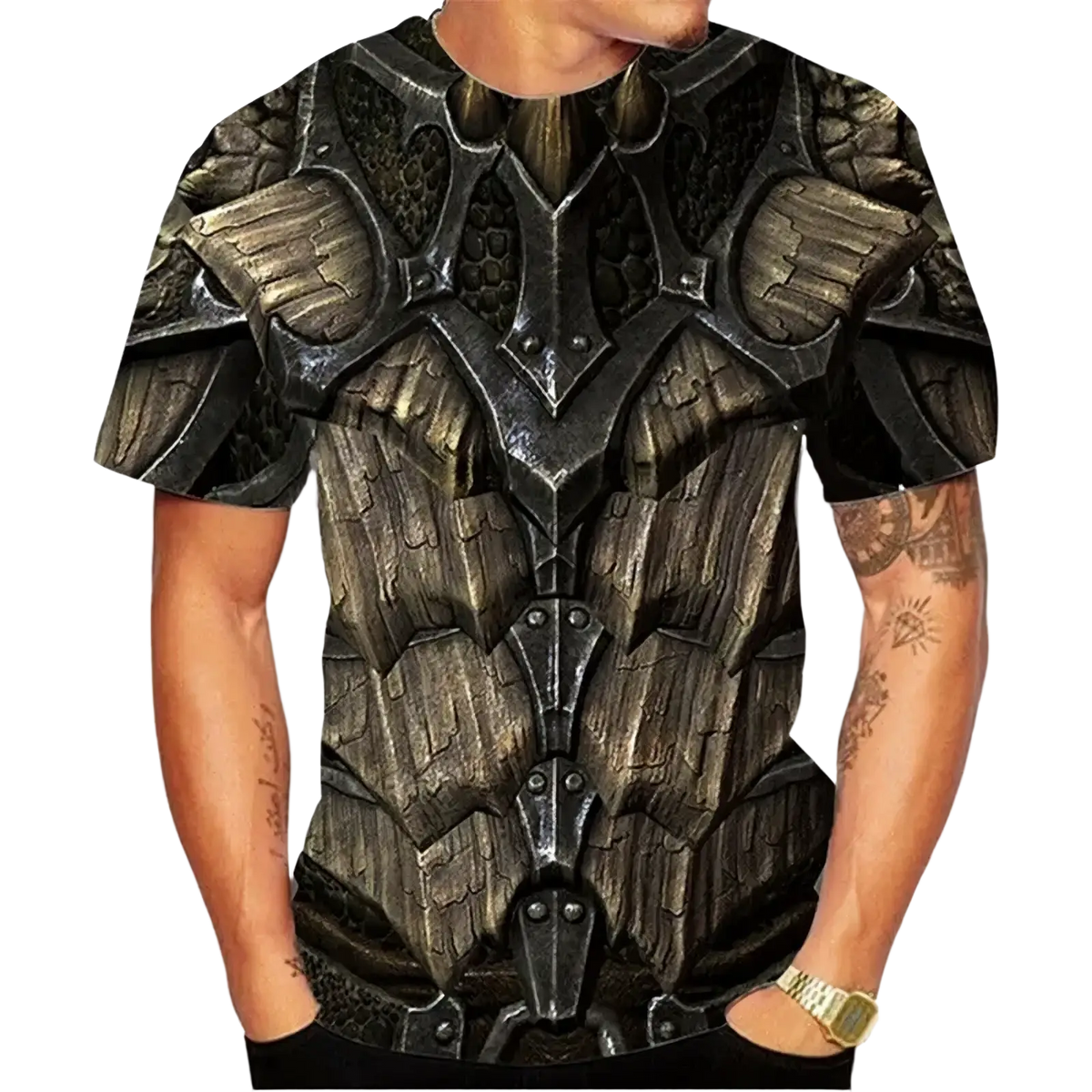 Black and metallic gray 3d-printed fantasy armor graphic oversized tee with detailed shoulder and chest plating