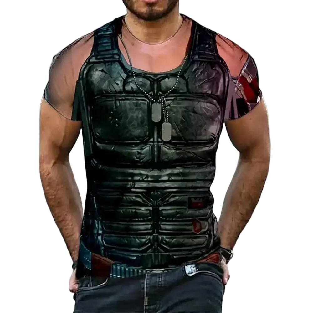 Black tactical vest printed tank top with red accents and realistic textured design in 3d armor graphic oversized tee
