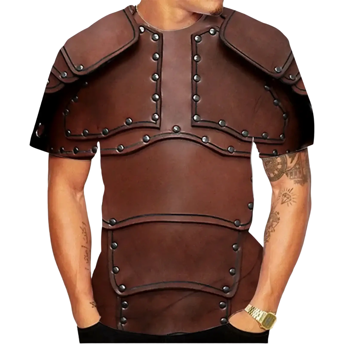 Brown leather armor shirt with metallic rivets and shoulder pads printed on a 3d armor graphic oversized tee