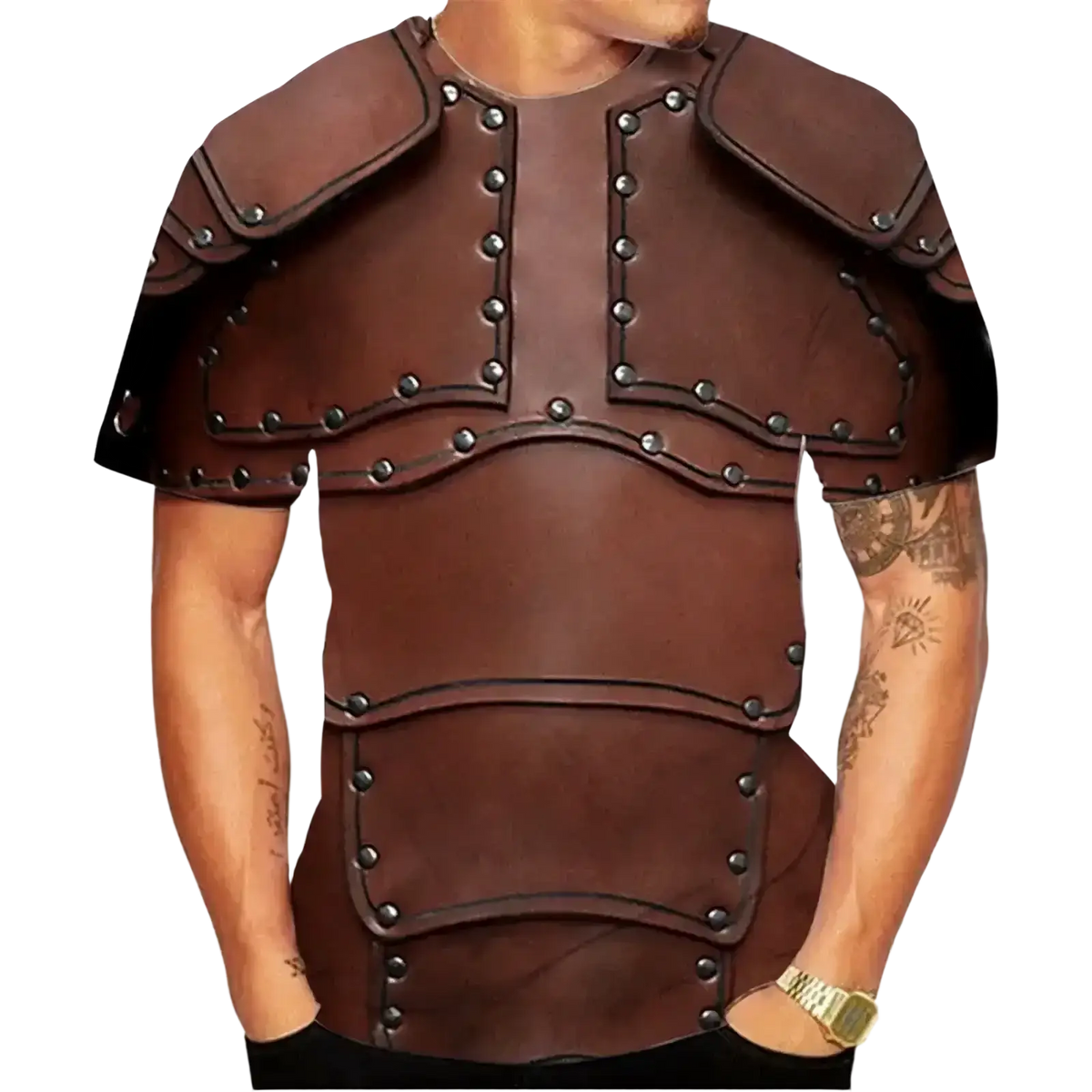 Brown leather shoulder armor with silver rivets and segmented plates on a 3d armor graphic oversized tee