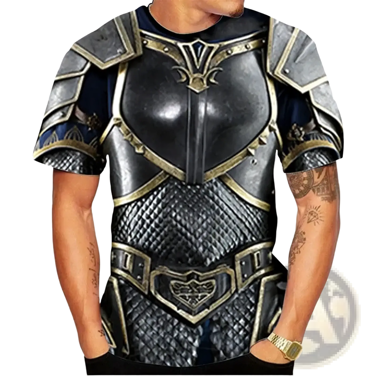 Black and gold 3d armor graphic oversized short-sleeve t-shirt with detailed armored design for casual wear