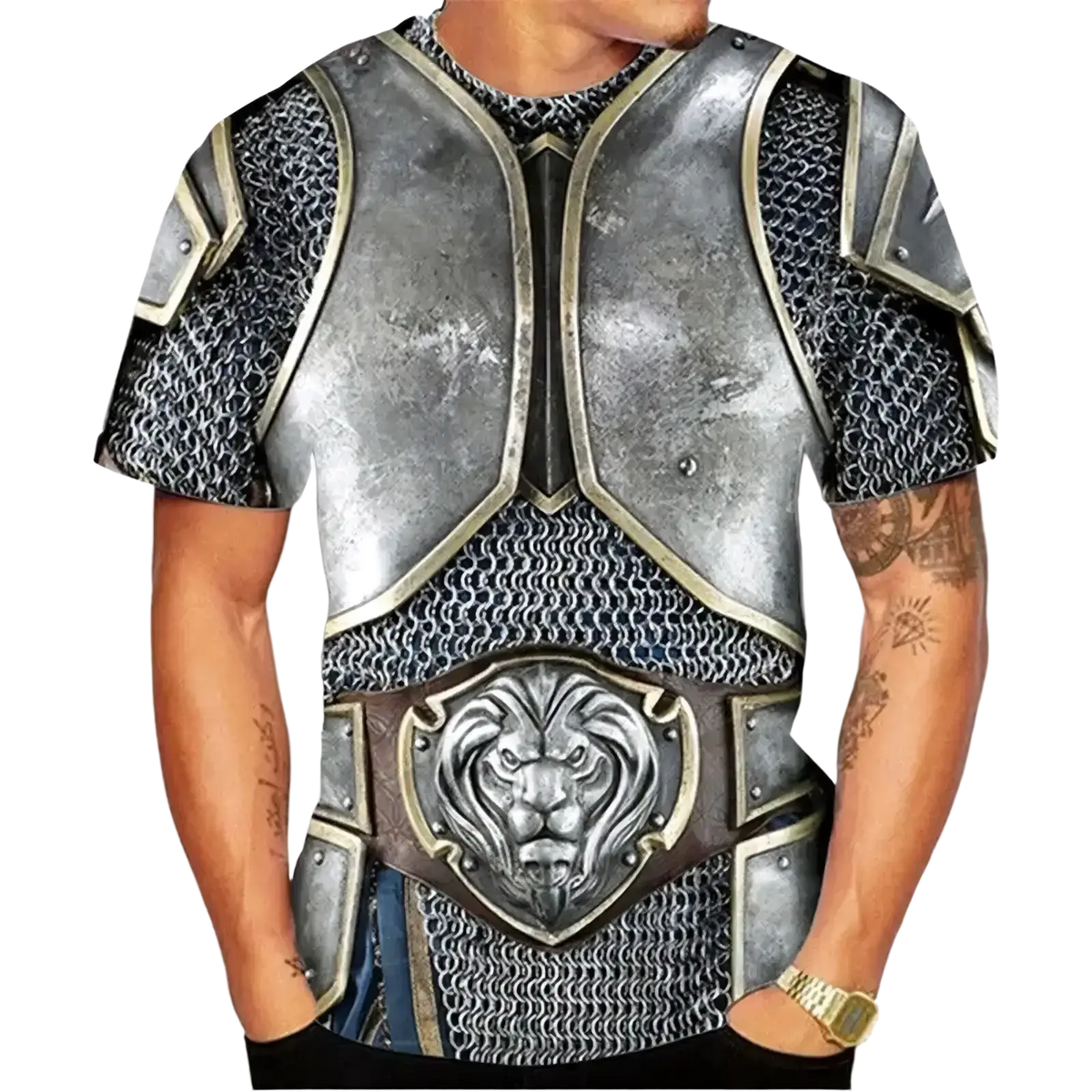 Silver and black 3d printed knight armor graphic oversized tee with chainmail details and central lion emblem