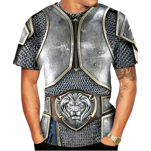 Silver and black 3d printed knight armor graphic oversized tee with chainmail details and central lion emblem