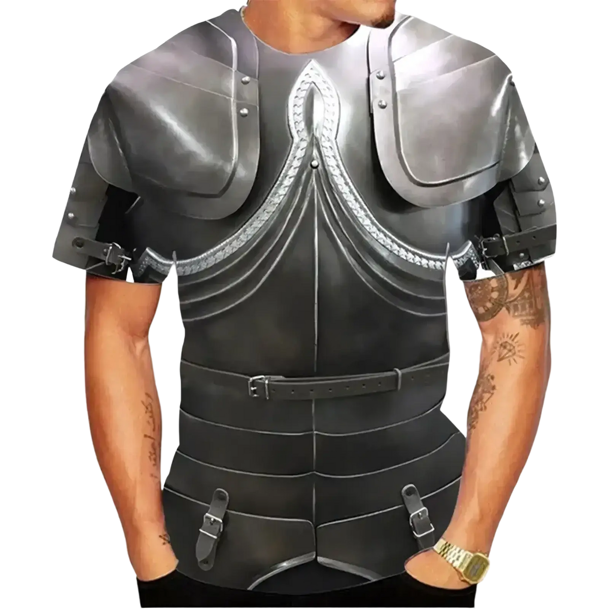 Silver metallic plate armor vest with ornate braided detailing on armor graphic oversized tee with adjustable straps
