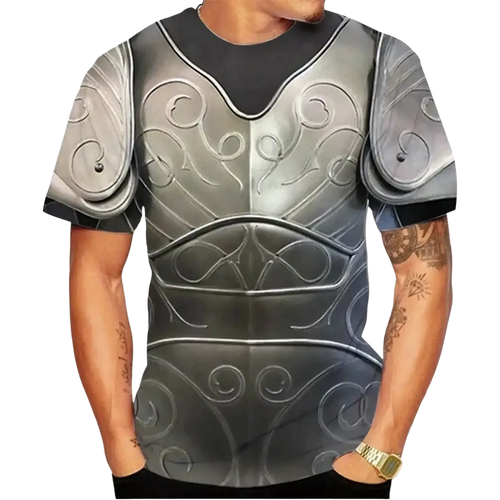 Silver metallic print 3d armor graphic oversized tee with embossed swirl patterns and shoulder pauldrons resembling medieval armor