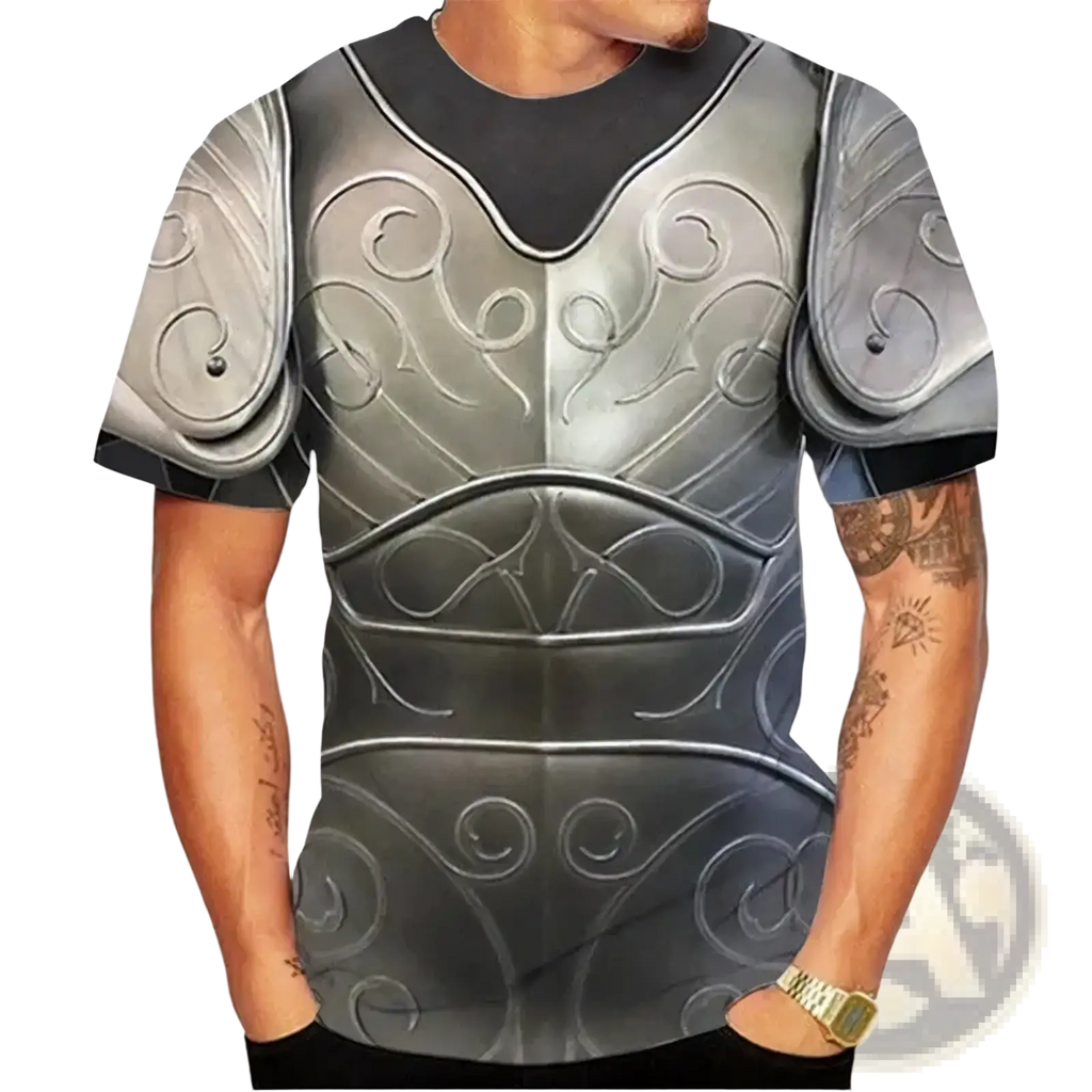 Silver metallic armor-themed short-sleeve t-shirt with intricate scrollwork and shoulder plates in 3d armor graphic oversized tee