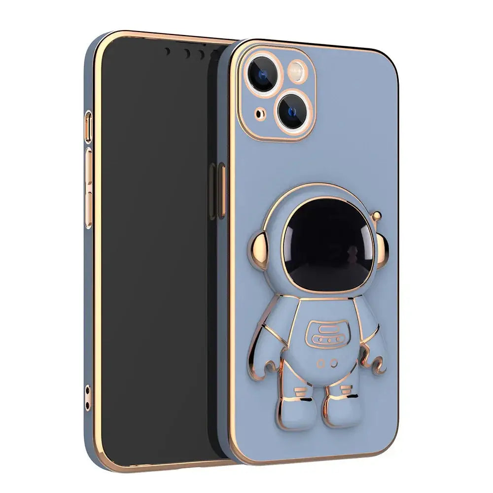 Light blue 3d astronaut electroplated anti-drop phone case with gold trim and sculpted figure on the back side