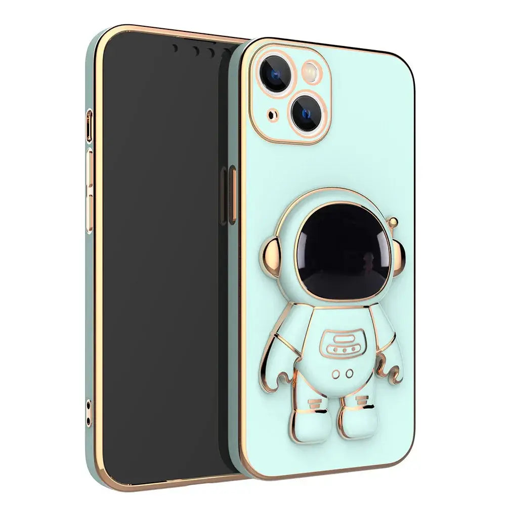 A mint green 3d astronaut electroplated anti-drop phone case with gold trim and standing figure shown from back side
