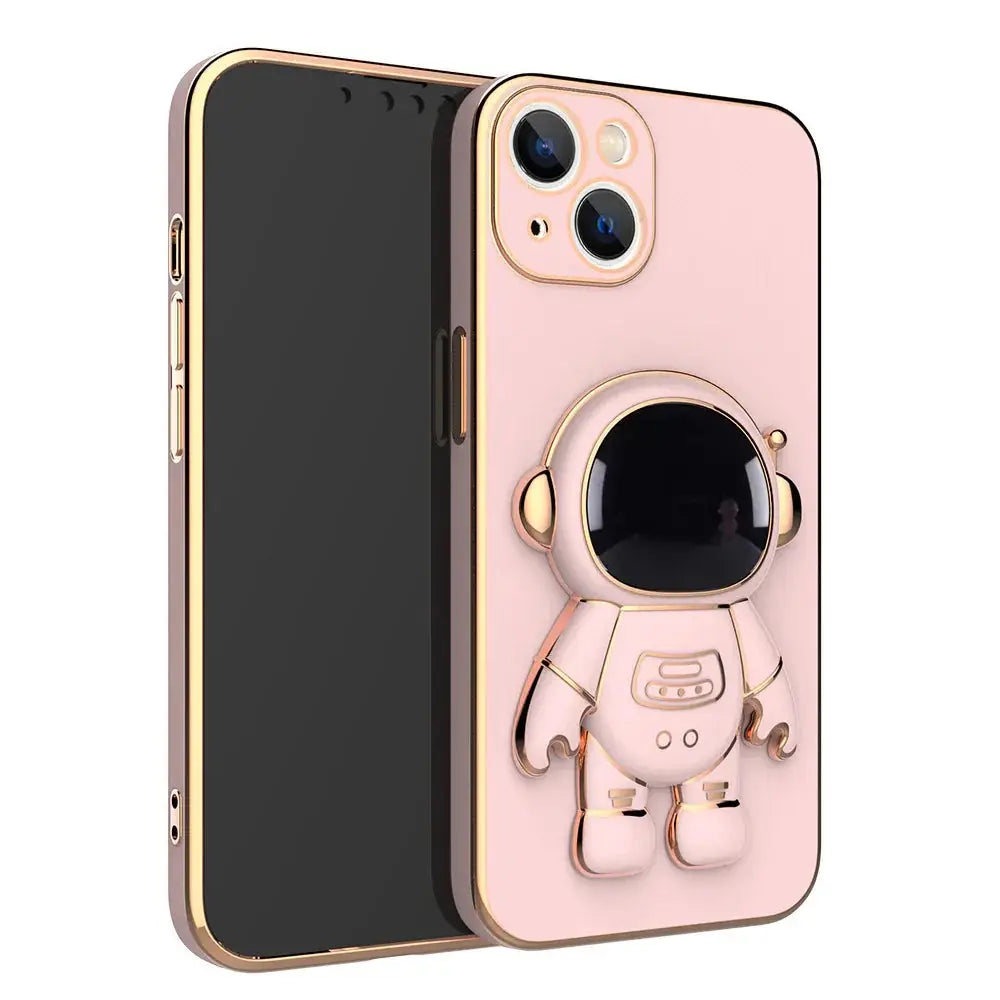 Pink 3d astronaut electroplated anti-drop phone case with gold accents and standing figure shown from the back side