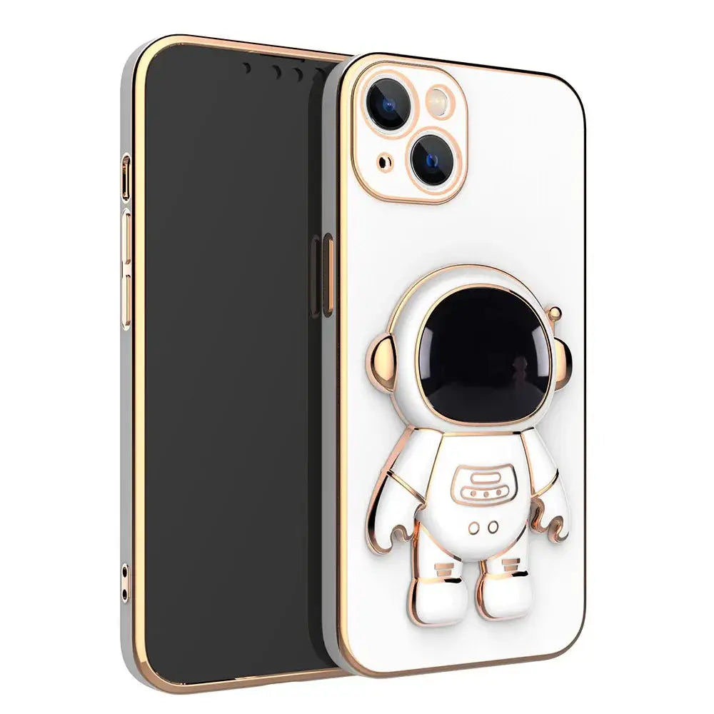 White astronaut-themed electroplated anti-drop phone case with gold trim and 3d sculpted figure on the back side