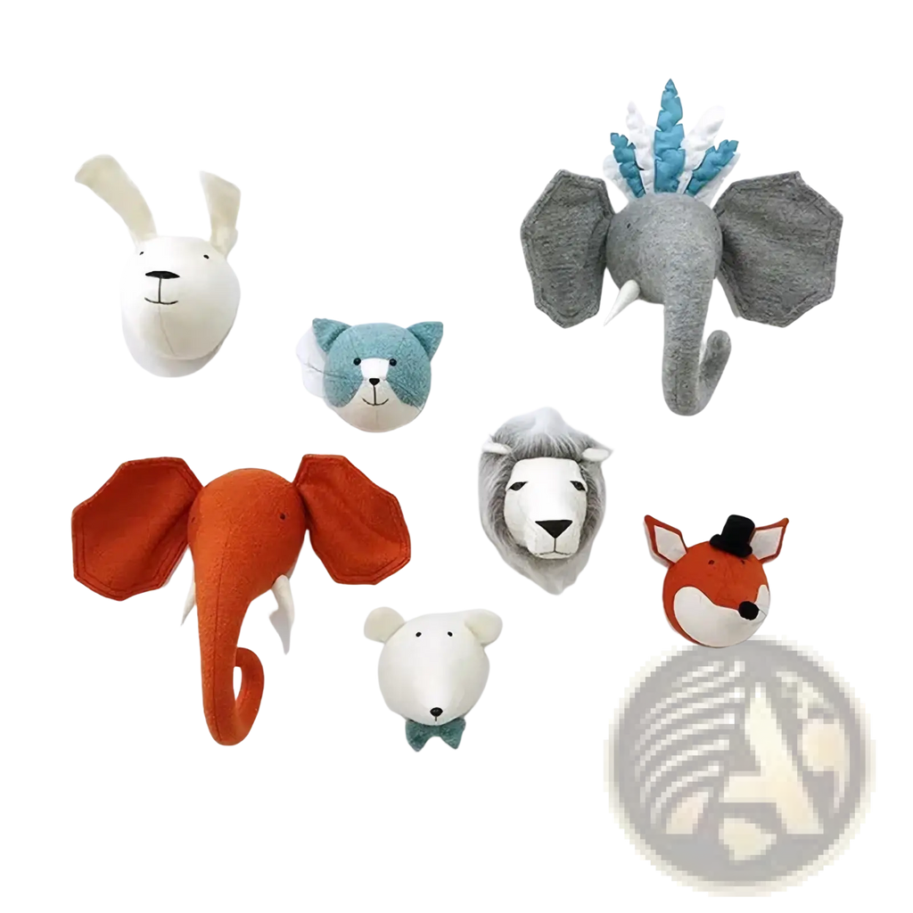 3d cartoon animal head wall hanging decor featuring plush white rabbit blue cat and colorful elephant lion and fox heads