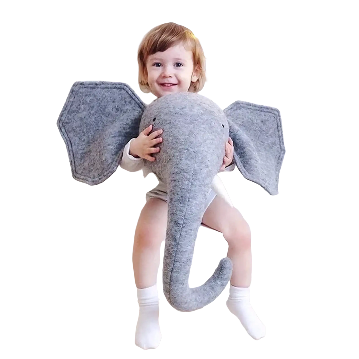 Gray felt elephant plush toy with stitched details and white inner ears as 3d cartoon animal head wall hanging decor