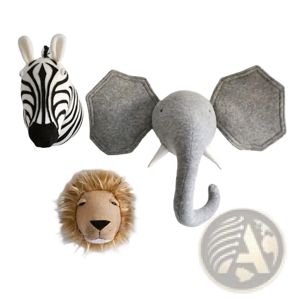Gray felt 3d cartoon elephant head wall hanging decor with hexagonal ears and white tusks for wall decoration